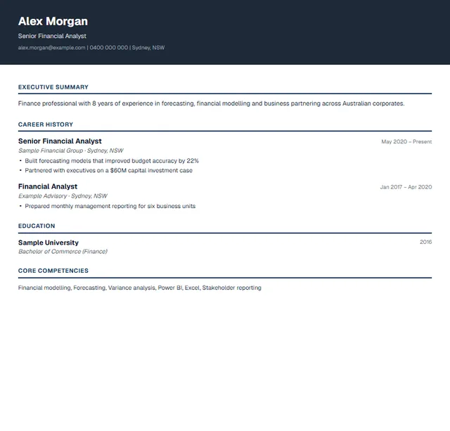 Corporate Australian resume template preview — Finance, law and consulting
