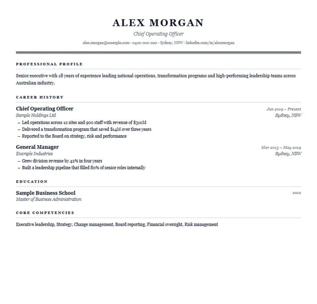 Executive Australian resume template preview — Senior and leadership roles