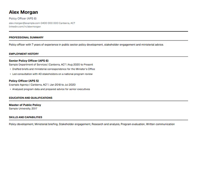 Government Australian resume template preview — APS and public sector roles