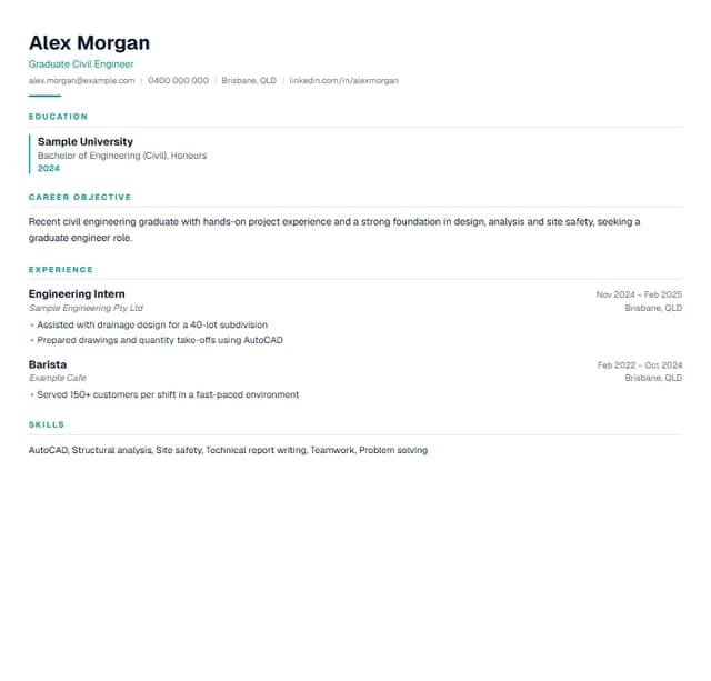 Graduate Australian resume template preview — New graduates and early career