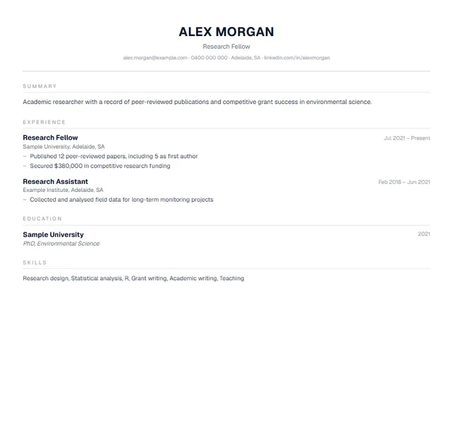 Minimalist Australian resume template preview — Academics and writers