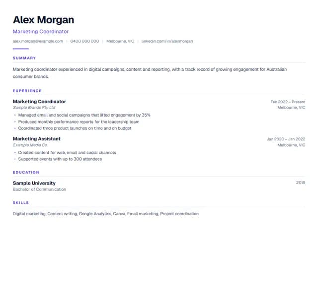 Modern Australian resume template preview — Corporate and business roles