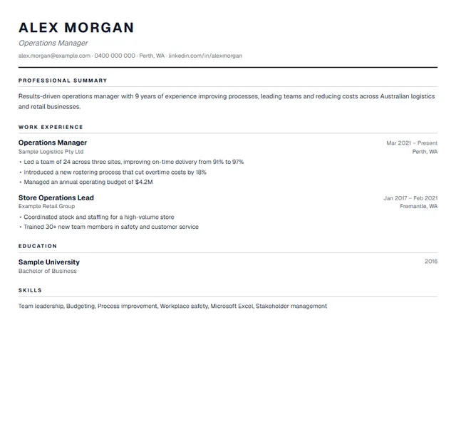 Professional Australian resume template preview — Most Australian jobs