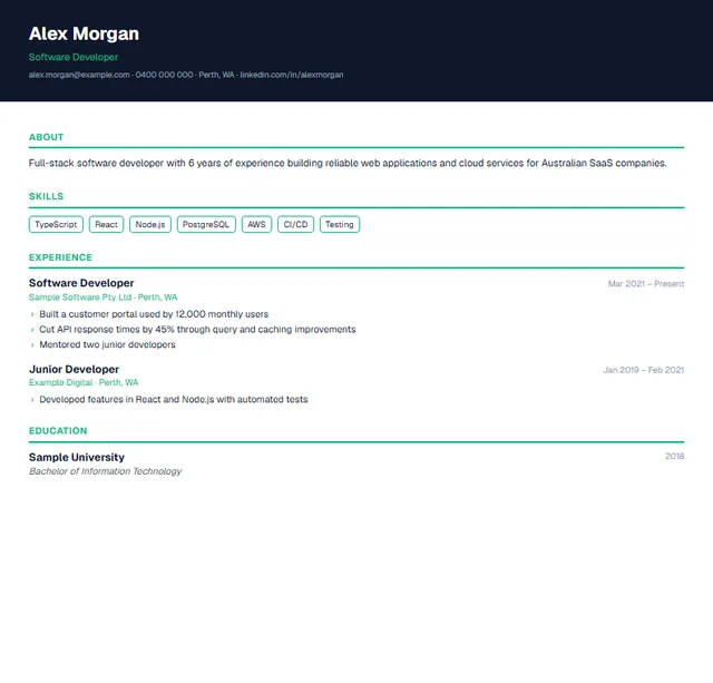 Tech Australian resume template preview — Developers and IT professionals